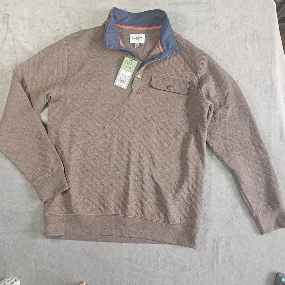 Goodfellow & Co Mens Quilted 1/4 Snap Pullover Brown Heather Sweatshirt Medium - Picture 2 of 7
